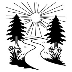  Scenic Forest Pathway with Sunburst and Trees Vector Illustration
