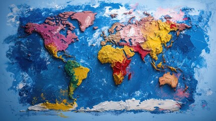 Colorful textured world map painted on canvas.