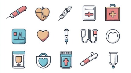 Fototapeta premium Set healthcare and medical equipment icons, including line and fill designs for modern medical presentations