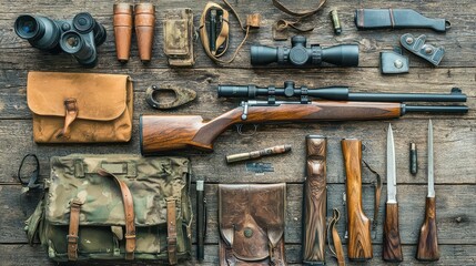 Collection of Outdoor Hunting Equipment Displayed on Rustic Wooden Surface Featuring Rifle, Optics, Knives, Bags, and Accessories for Adventurous Enthusiasts and Nature Explorers