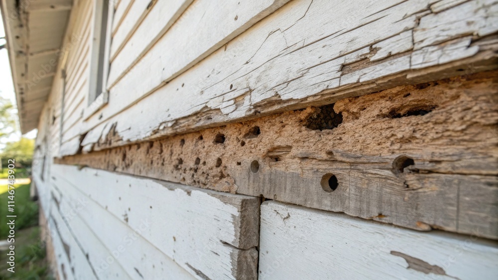 Poster a close-up view of a weathered wooden wall with evidence of termite damage, showing the decay and ho