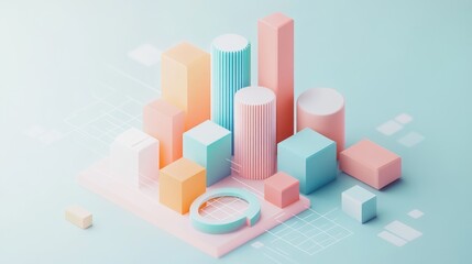 Minimalist isometric bar chart in soft colors, [business visualization], [focusing on clarity and simplicity in data] 