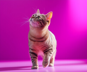 cat walking and looking to the side pink pink color background with shadow