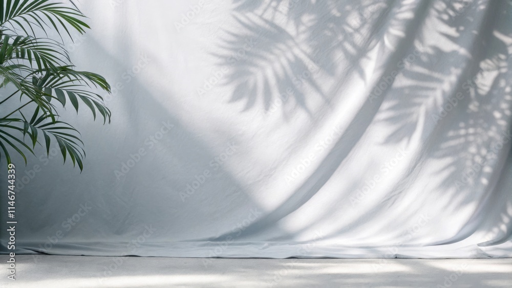 Poster soft light and shadows on a wrinkled white fabric drape with a green leaf silhouette in the backgrou