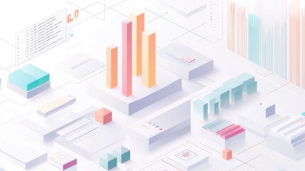 Minimalist isometric bar chart in soft colors, [business visualization], [focusing on clarity and simplicity in data] 