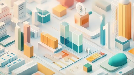Minimalist isometric bar chart in soft colors, [business visualization], [focusing on clarity and simplicity in data] 