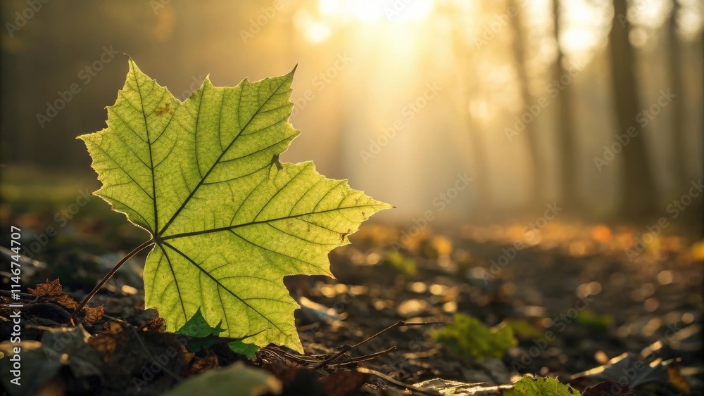 Poster A single green leaf illuminated by the sun's rays in a forest setting, with a soft, out-of-focus background of trees and fallen leaves