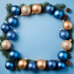 Festive Christmas Frame with Blue and Gold Baubles, Holiday Border Featuring Pine Branches and Ornaments, Elegant Christmas Decoration Frame on Blue Background