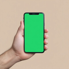 a man's hand is holding a phone, the background of the phone is green, suitable for adding the residential inscription Ai