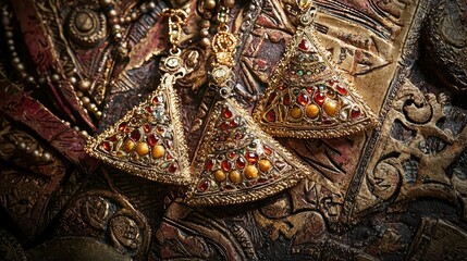 Ornate Antique Jewelry Featuring Colorful Gemstones Against an Intricate Textured Background with Rich Historical Elements and Cultural Significance