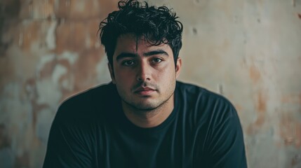 Fototapeta premium Portrait of a Young Man with Curly Hair against a Textured Wall, Expressing a Reflective Mood, Showcasing Introspection and Depth in Facial Expression