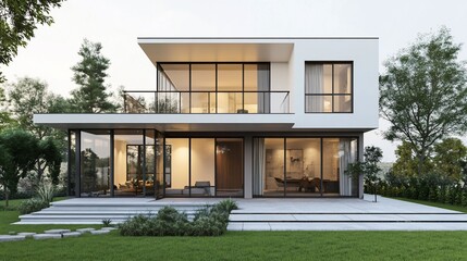 Fototapeta premium Modern two-story house with large windows, balcony, and patio.
