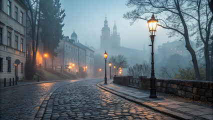 Fototapeta premium Foggy Cityscapes: Atmospheric Urban Scenes with Dense Mist and Ethereal Fog