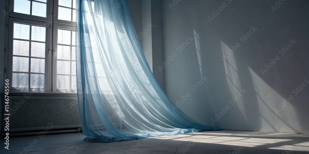 Aufkleber a single blue sheer curtain billows in a gentle breeze casting long shadows on the wall and floor of