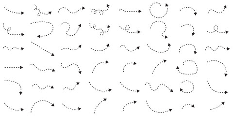 Hand drawn dot arrow vector set. Hand drawn line doodle arrow, curve arrow icon vector set. Vector illustration. Hand drawn dotted arrows set. Sketch curved dashed arrows design.