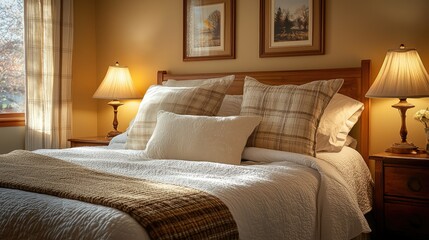 Cozy and Inviting Bedroom with Warm Lighting, Textured Pillows, and Elegant Decor in Soft Earth Tones - Perfect for Relaxation and Comfort