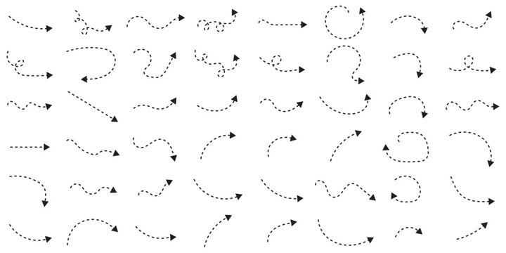 Hand drawn dot arrow vector set. Hand drawn line doodle arrow, curve arrow icon vector set. Vector illustration. Hand drawn dotted arrows set. Sketch curved dashed arrows design.