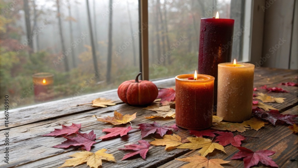 Poster autumnal candles, warm glow, and fallen leaves on a rustic wooden table with a hazy forest view thro