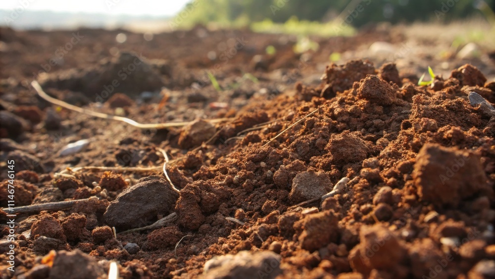 Poster Close-up view of rich brown soil with a shallow depth of field revealing the intricate texture of the earth in detail.