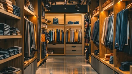 Modern Retail Store Interior Featuring Neatly Organized Clothing Displays with Rows of Hanging Garments, Shelves of Folded Apparel, and Stylish Accessories for Casual Fashion Enthusiasts