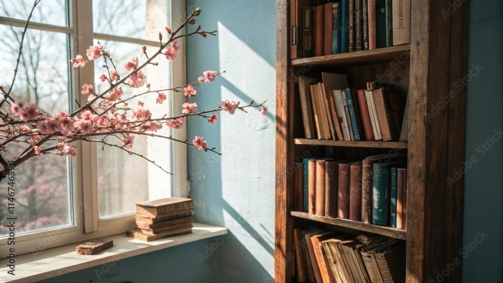 Poster a delicate branch of blossoming flowers adorns a windowsill, casting delicate shadows on a wall line