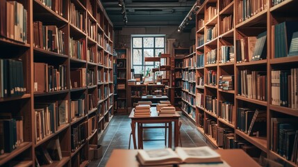 Fototapeta premium Cozy Library Interior with Wooden Shelves Filled with Books, Warm Lighting, and a Tranquil Atmosphere Inviting Readers to Explore and Discover Literature