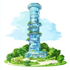 A modern, eco-friendly tower surrounded by greenery, featuring a sleek glass design with multiple levels and terraces.
