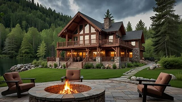 Luxurious log cabin with a modern firepit in a lush green forest, surrounded by natural beauty and serenity, offering a perfect outdoor escape and relaxation spot.