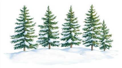 Fototapeta premium A serene scene featuring four snow-covered evergreen trees amidst a blanket of snow, evoking a tranquil winter landscape.