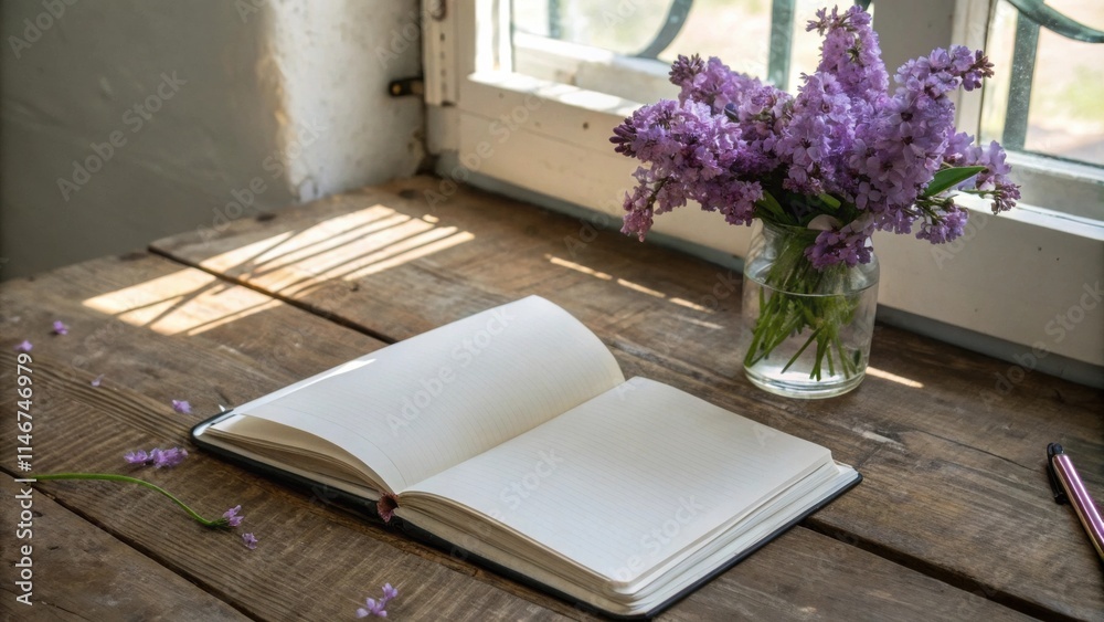Aufkleber open notebook on a wooden table with a vase of flowers and sunlight streaming through the window