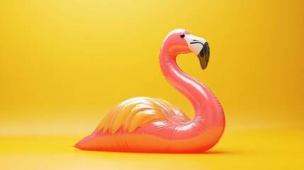 Obraz premium Pink inflatable flamingo on yellow background.