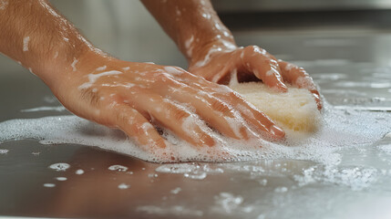close up of hands scrubbing stainless steel surface with soap, creating bubbly effect