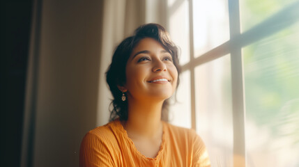 A close-up portrait of a latin woman in her early thirties, wearing an orange shirt, smiling softly at someone off frame behind her, looking through a sunny window inside an apartment