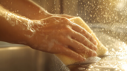 Fototapeta premium close up of hands scrubbing stainless surface with sponge, creating bubbles and splashes. warm light adds cozy atmosphere