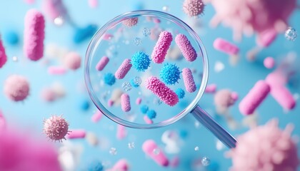 Fototapeta premium Infectious Pink And Blue Microorganisms In Diverse Shapes On White Background: A Blur Of Science And Medicine Illustration.