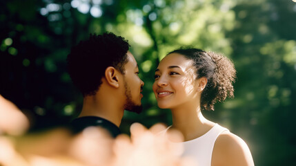 Fototapeta premium a close-up portrait of an attractive mixed-race couple in their early thirties, smiling softly and looking at each other, in front of a sunny garden backdrop