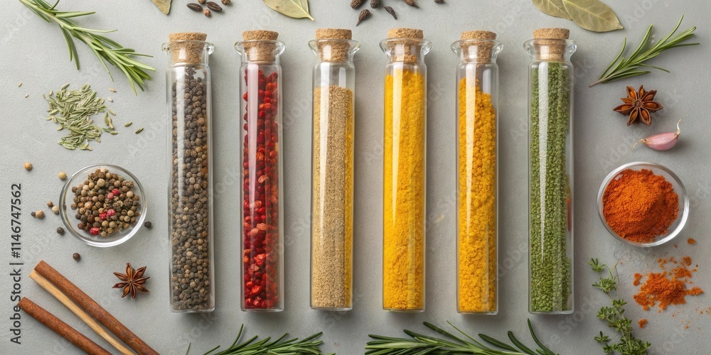Aufkleber a collection of dried herbs and spices in glass vials, arranged in a neat row on a grey background, 