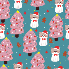 seamless pattern cartoon cat with christmas tree. cute christmas and winter wallpaper for fabric print, gift wrap paper