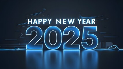 Obraz premium Happy new year 2025 with blue and silver metallic numbers on dark background, Happy new Year celebrations, Happy New Year text, 