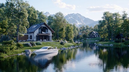 Fototapeta premium Lakeside modern home with boat, mountain view.