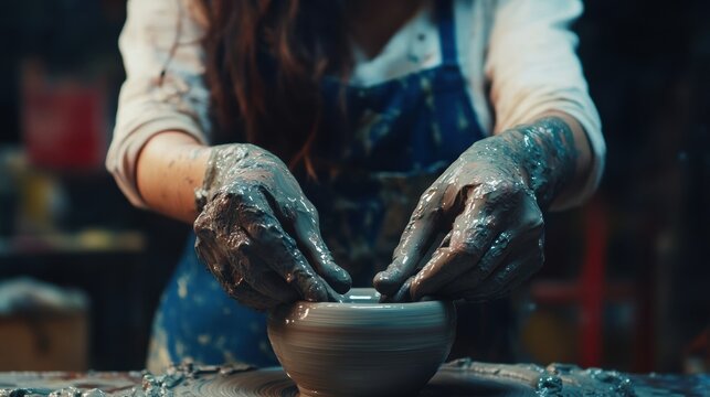 Closeup view of hands of craft artist working on clay mold on wheel in art studio store.