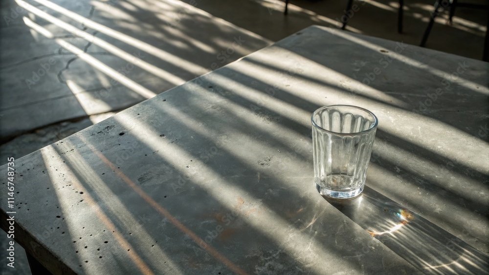 Aufkleber a single empty glass rests on a gray concrete surface, bathed in the warm glow of sunlight streaming