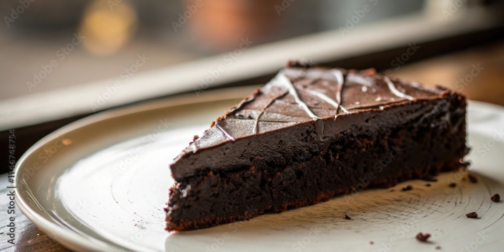 Poster a single slice of rich chocolate cake with a smooth, dark chocolate frosting, sitting on a white pla