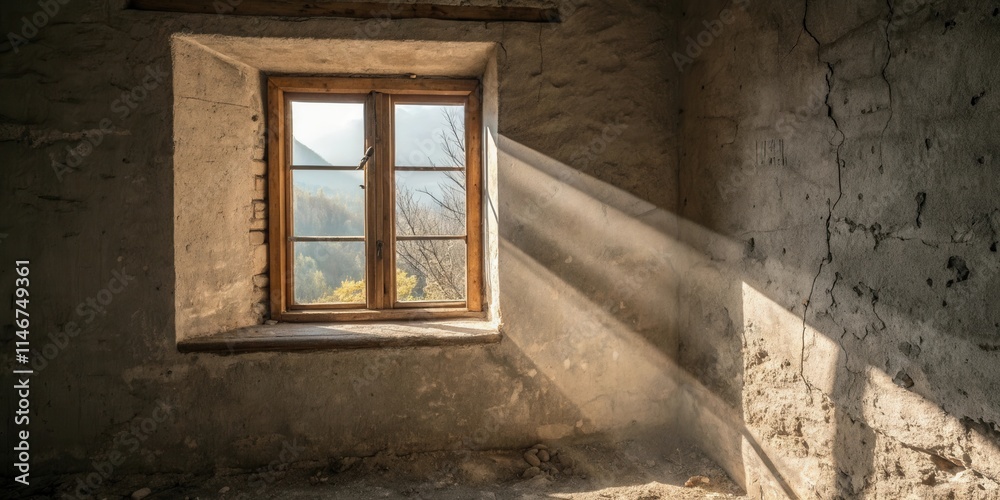Poster sunbeams streaming through a window in an old, abandoned room, illuminating the cracked and weathere