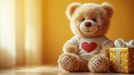 Adorable golden teddy bear wearing a white T-shirt with a red heart, sitting next to a beautifully wrapped golden gift box with heart patterns, surrounded by a warm yellow background.