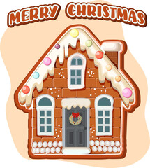 A gingerbread house with a wreath on the door. The house is decorated for Christmas. The house is brown and white