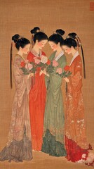 A traditional Chinese painting from the Song Dynasty, depicting four women wearing ancient costumes and holding flowers in their hands as they bow to each other, in the style of a traditional Chinese 