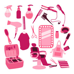 A collection of hair and beauty tools and accessories. The tools include scissors, combs, and hair dryers
