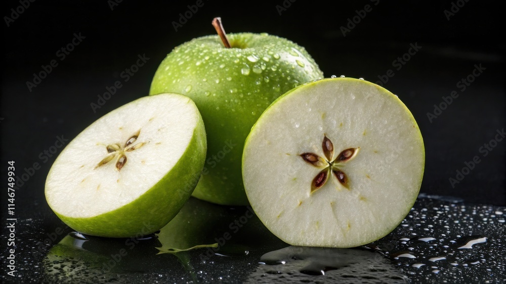 Poster a close-up of a green apple sliced in half, with water droplets on the surface and a dark background