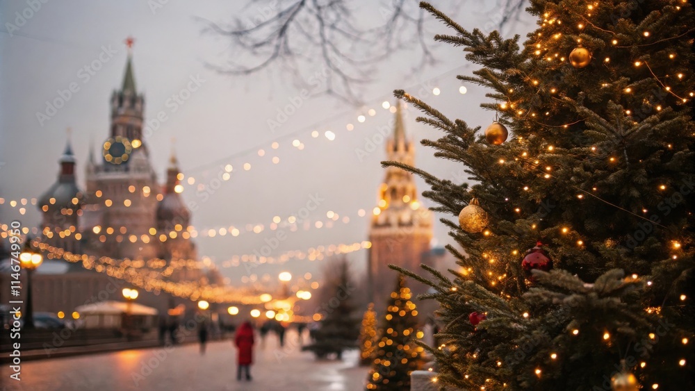 Poster a festive christmas tree adorned with twinkling lights stands tall against a backdrop of a bustling 